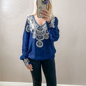 Poupette St. Barth Metallic Vneck Printed trim Long Sleeve Tunic Top SZ 1 Small